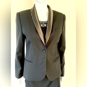Zara black 100% Wool tuxedo style long blazer shiny black satin collar US Large